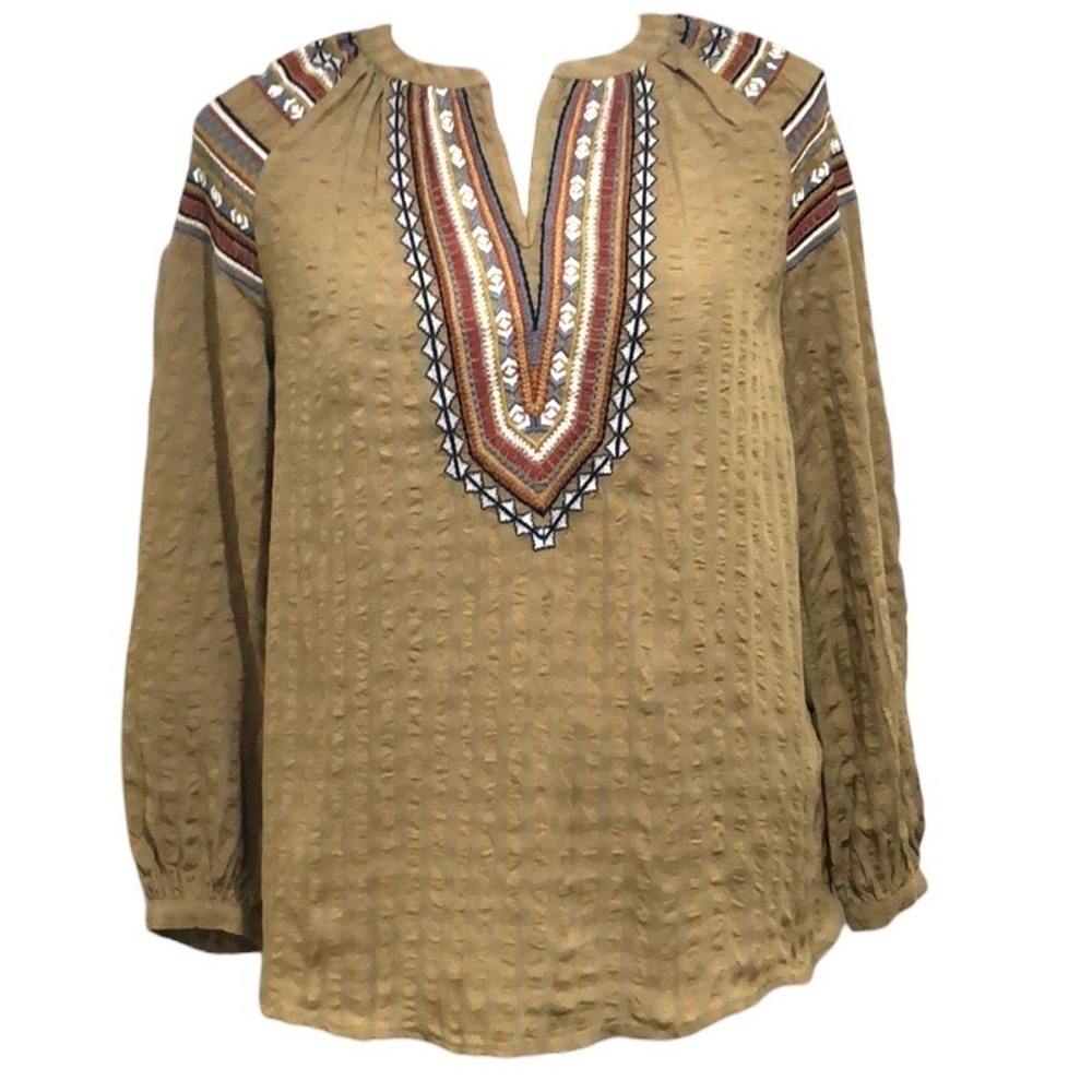 Rachel Zoe Blouse Size Small Mustard Yellow Embroidered Peasant Pullover